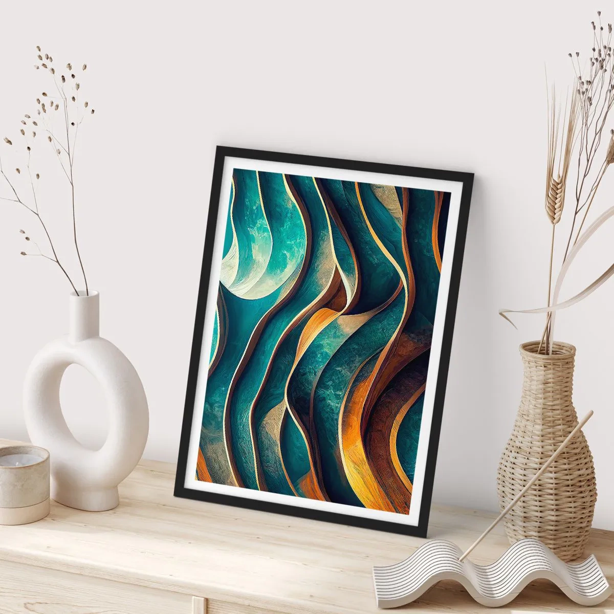 Affisch i svart ram - En abstrakt komposition av vågiga former i turkosa nyanser. - 50x70cm - Meandrar av blått - Modern väggdekoration för vardagsrum och sovrum ARTTOR