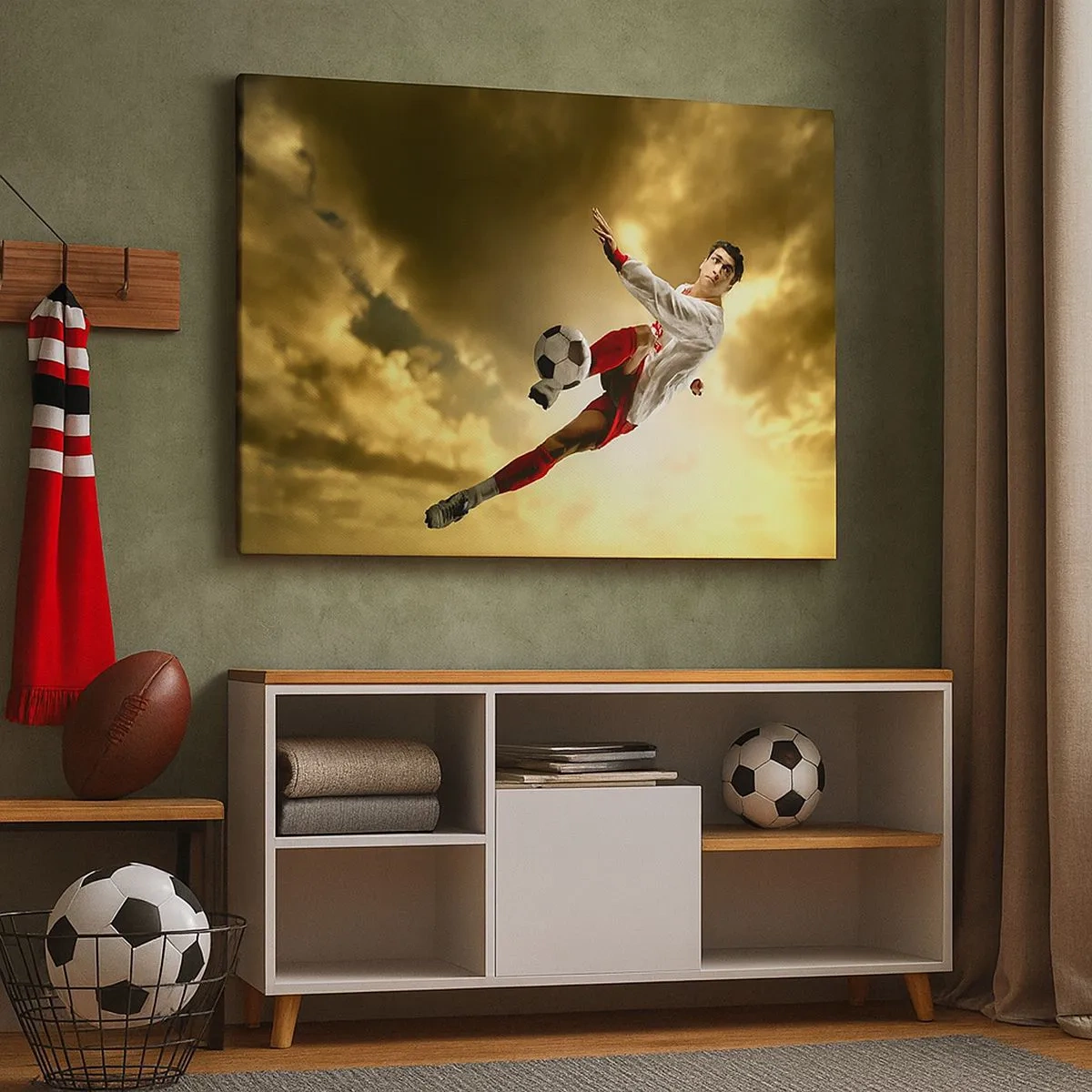 Canvastavla - Bild på duk - En fotbollsspelare i ett dynamiskt hopp som sparkar bollen mot himlen - 70x50cm - Fotbollshimmel - Modern väggdekoration för vardagsrum och sovrum ARTTOR