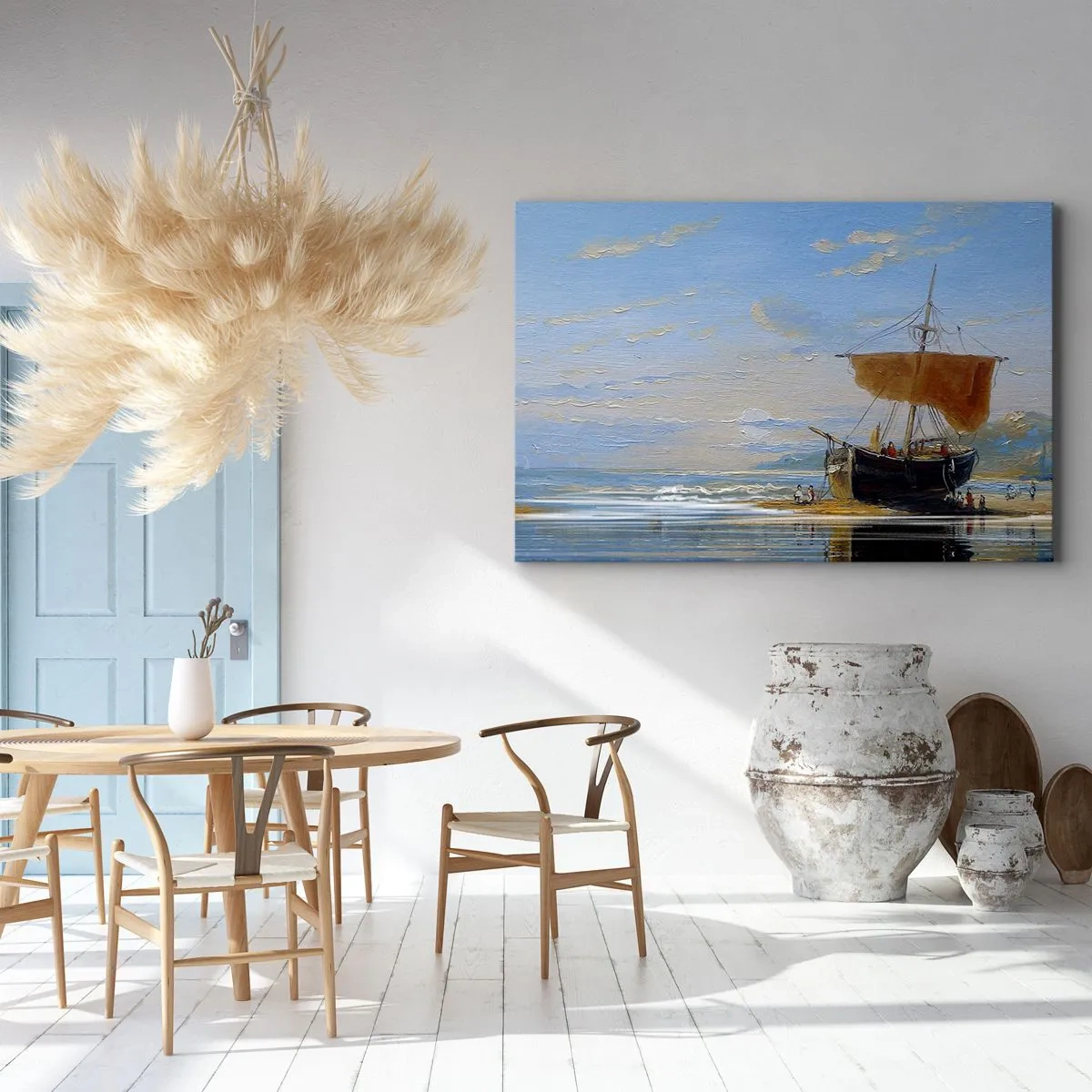 Canvastavla - Bild på duk - Ett skepp på stranden på en solig dag - 70x50cm - Vatten, jord, luft - Modern väggdekoration för vardagsrum och sovrum ARTTOR