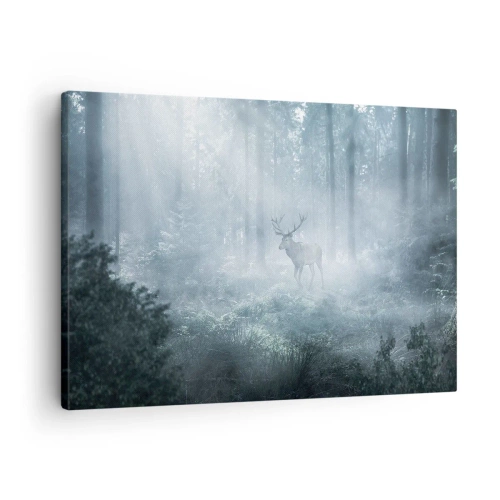 Canvastavla - Bild på duk - En hjort i en tät skog höljd i morgondimma - 70x50cm - Morgonrond runt godset - Modern väggdekoration för vardagsrum och sovrum ARTTOR