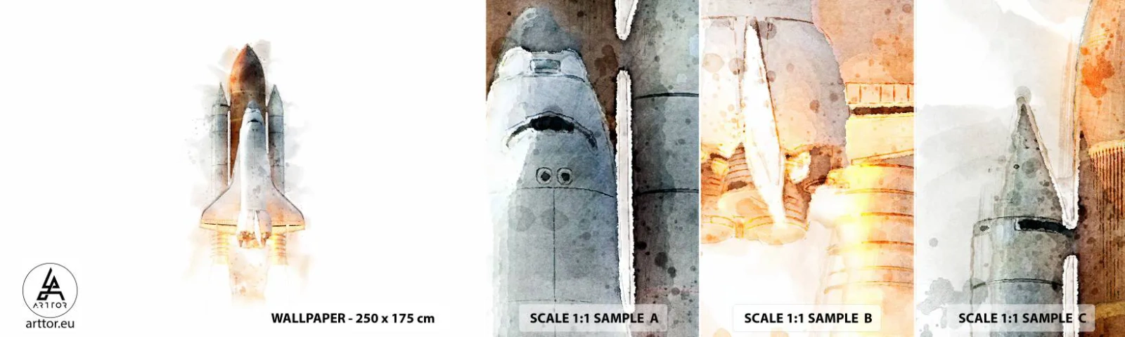 Provbit av självhäftande fototapet Deluxe Sticker - Upptäckare efter start - En rymdraket, Kosmos, Minimalism - 100x30 cm