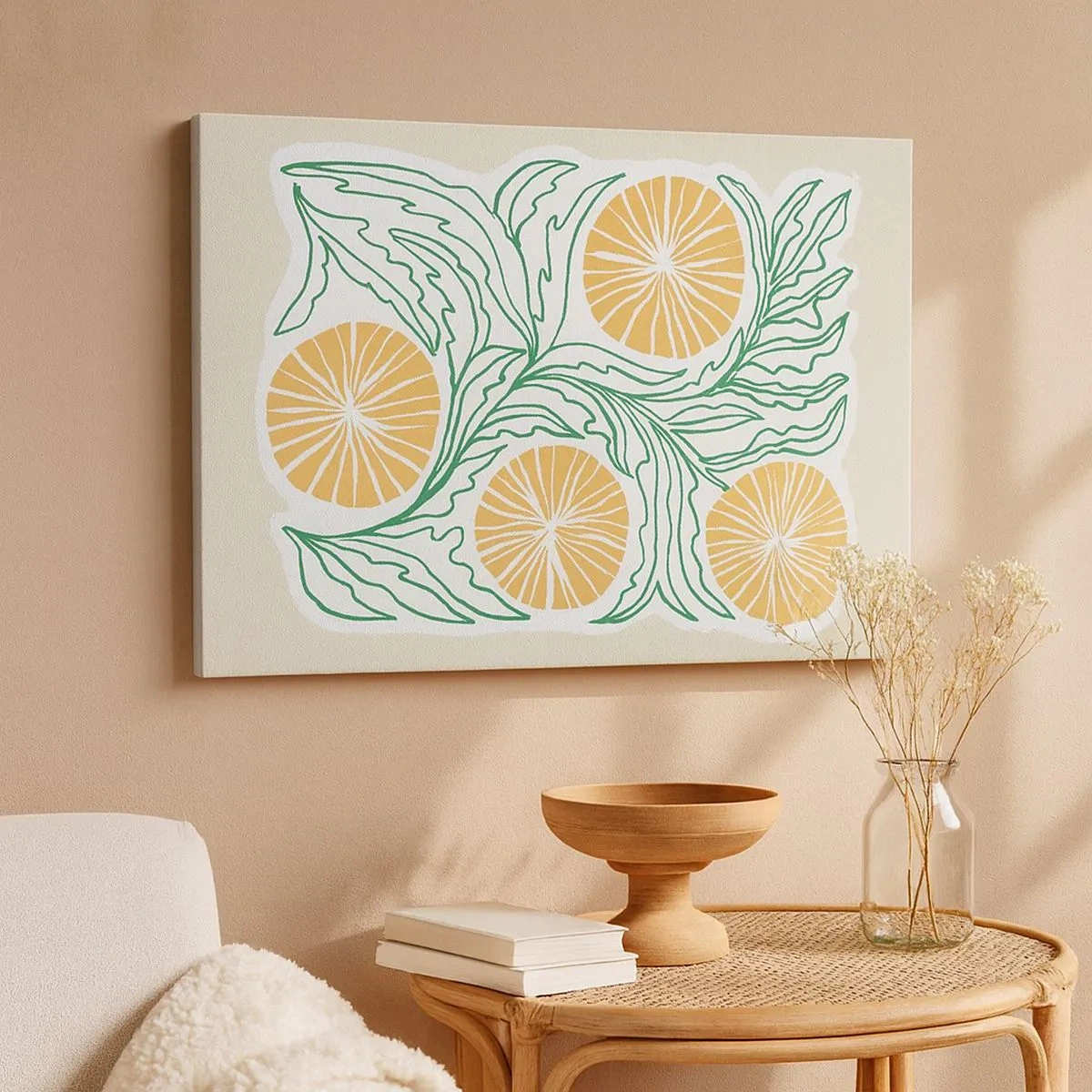 Canvastavla - Bild på duk - Ett minimalistiskt orange motiv med gröna blad - 70x50cm - Etniskt med en touch av abstraktion - Modern väggdekoration för vardagsrum och sovrum ARTTOR