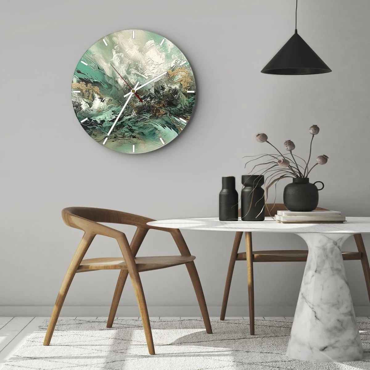 Väggklocka - Klocka på glas - Dynamisk abstraktion i grönt, vitt och guld - 30x30cm - Smaragdsvart bränna - Modern väggdekoration för vardagsrum, kök och sovrum ARTTOR
