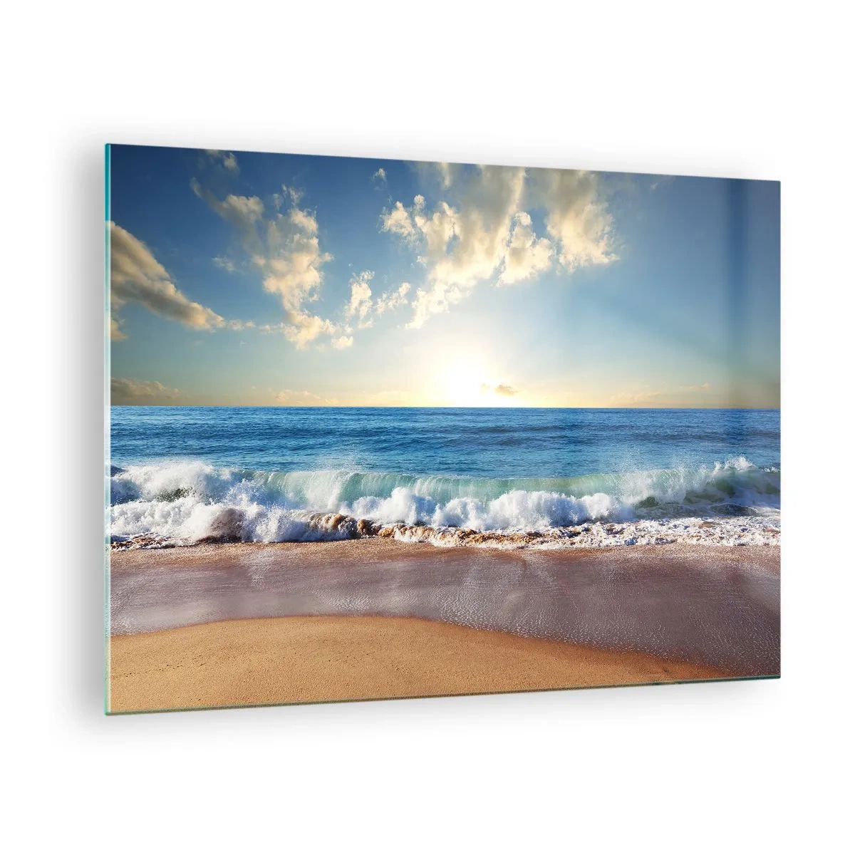 Glastavla - Bild på glas - Havsvågor som kraschar på en gyllene strand vid soluppgången - 70x50cm - Rörlighet och orörlighet samtidigt - Modern väggdekoration för vardagsrum och sovrum ARTTOR