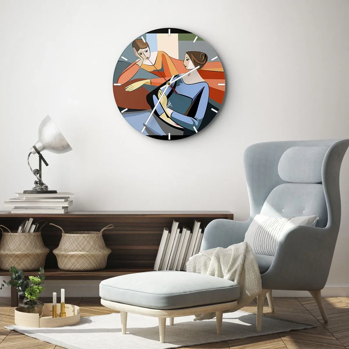 Väggklocka - Klocka på glas - Två kvinnor i geometrisk stil på en färgglad bakgrund - 30x30cm - Ett ögonblick av förtrolighet - Modern väggdekoration för vardagsrum, kök och sovrum ARTTOR