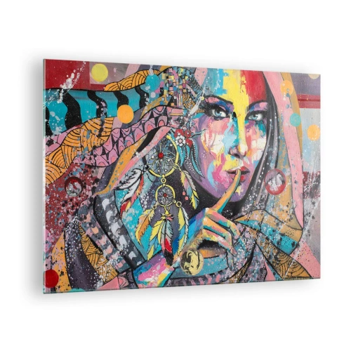 Glastavla - Bild på glas - Färgglatt porträtt av en kvinna med etniska motiv och fjädrar - 70x50cm - Var tyst tills du förstår - Modern väggdekoration för vardagsrum och sovrum ARTTOR