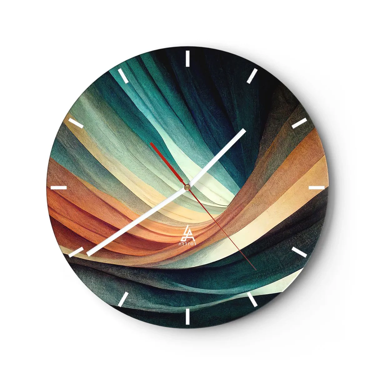 Väggklocka - Klocka på glas - Vågiga färglager skapar en abstrakt tygstruktur - 30x30cm - Vävd av färger - Modern väggdekoration för vardagsrum, kök och sovrum ARTTOR