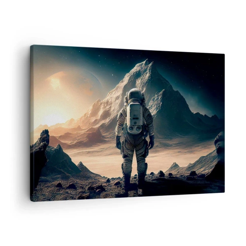 Canvastavla - Bild på duk - Astronaut mot bakgrund av majestätiska berg - 70x50cm - En ny utmaning - Modern väggdekoration för vardagsrum och sovrum ARTTOR