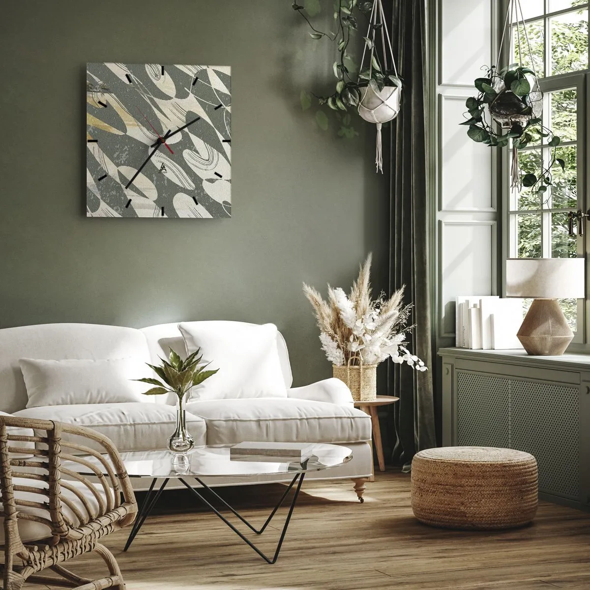 Väggklocka - Klocka på glas - Rytmisk abstraktion - 30x30 cm