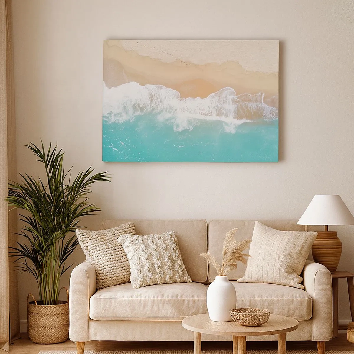 Canvastavla - Bild på duk - Fågelperspektiv på en strand med turkost vatten och mjuka vågor - 70x50cm - Smekande beröring - Modern väggdekoration för vardagsrum och sovrum ARTTOR