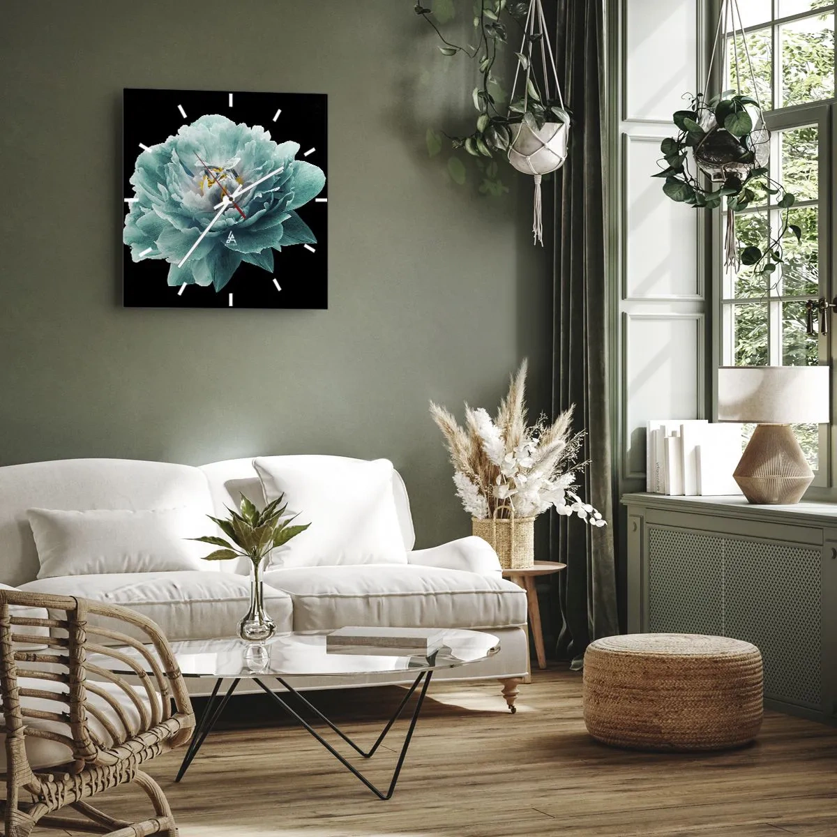 Väggklocka - Klocka på glas - Blå och gyllene kronblad - 40x40 cm