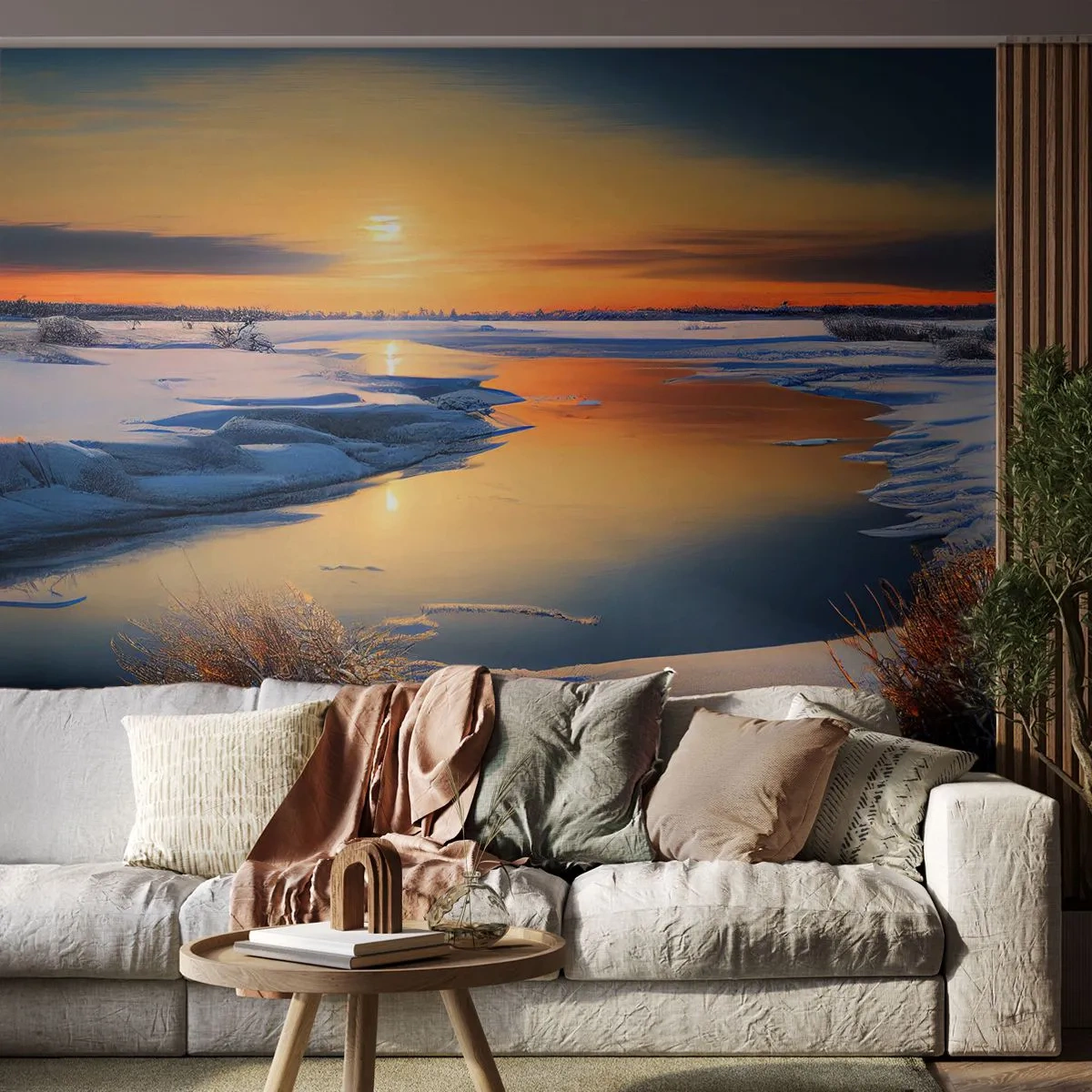 Fototapet Premium Sand - Vintersolnedgång - Vinter, Flod, Landskap - 100x70 cm