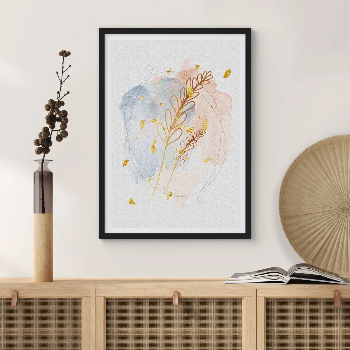 Affisch i svart ram - En delikat botanisk komposition med gulddetaljer - 50x70cm - En gyllene explosion - Modern väggdekoration för vardagsrum och sovrum ARTTOR