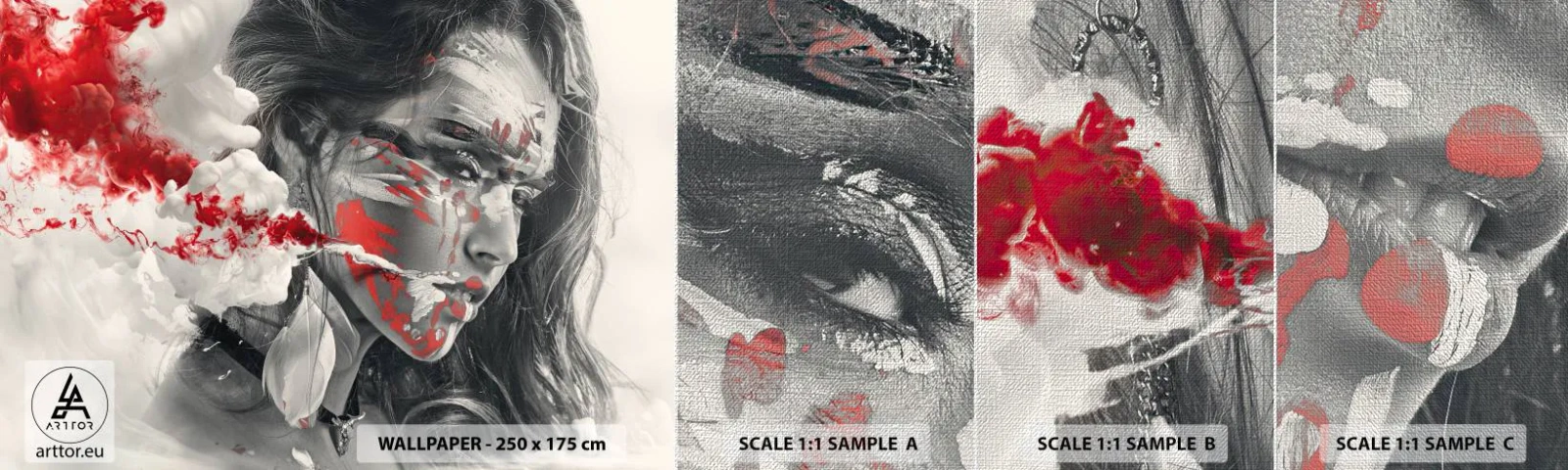 Provbit av fototapet Premium Canvas - Röd-vit absurdhet - Abstraktion, Kvinnans ansikte, Porträtt av en kvinna - 100x30 cm