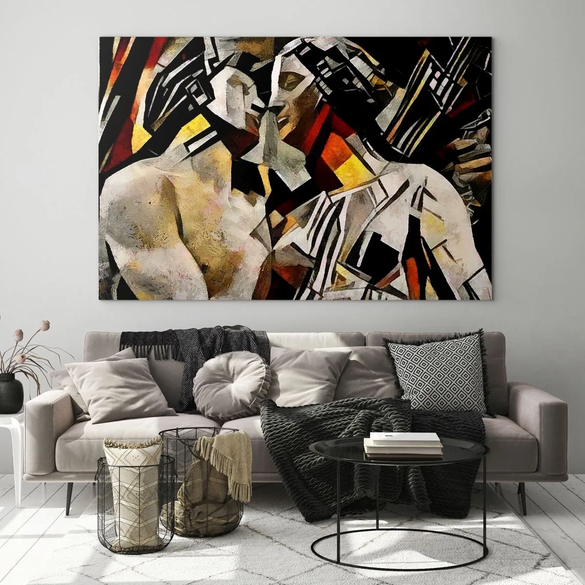Glastavla - Bild på glas - Abstrakt par i geometriska mönster - 70x50cm - Statykyss - Modern väggdekoration för vardagsrum och sovrum ARTTOR