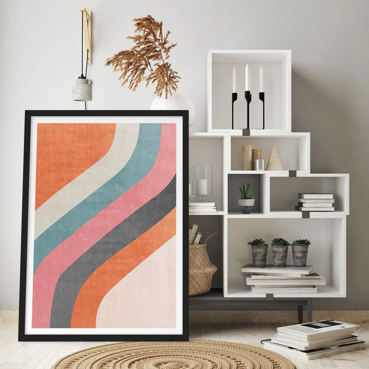 Affisch i svart ram - Geometriska retroränder - 50x70cm - Diagonal komposition - rörelse - Modern väggdekoration för vardagsrum och sovrum ARTTOR