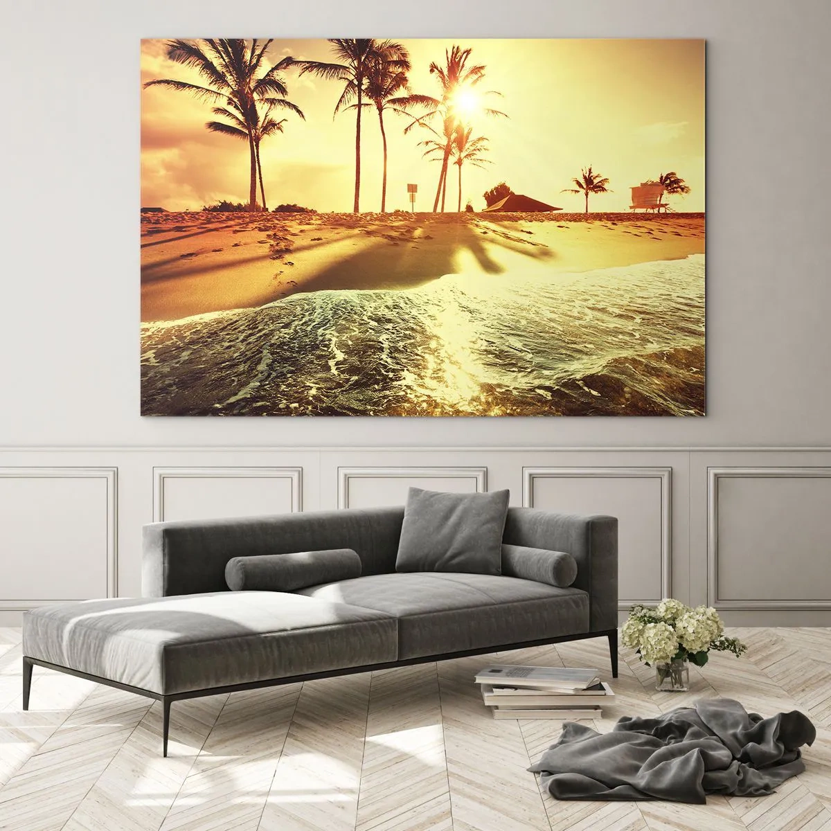 Glastavla - Bild på glas - Gyllene strand med palmer vid solnedgången och ett lugnt hav - 70x50cm - Kalifornisk morgon - Modern väggdekoration för vardagsrum och sovrum ARTTOR