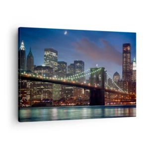 Canvastavla - Bild på duk - New York City Bridge på natten med upplysta byggnader - 70x50cm - Glödande natt - Modern väggdekoration för vardagsrum och sovrum ARTTOR