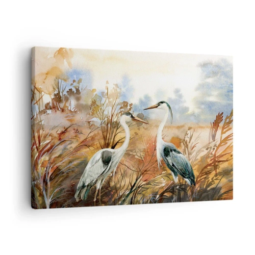Canvastavla - Bild på duk - Två hägrar mot bakgrund av ett höstlandskap - 70x50cm - Vart ska vi på hösten? - Modern väggdekoration för vardagsrum och sovrum ARTTOR