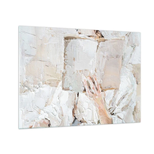 Glastavla - Bild på glas - En person som läser en bok mot en ljus, impressionistisk bakgrund - 70x50cm - I en annan värld - Modern väggdekoration för vardagsrum och sovrum ARTTOR