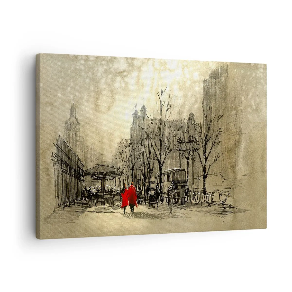 Canvastavla - Bild på duk - En röd figur i en nostalgisk stadsmiljö - 70x50cm - Träff i London-dimman - Modern väggdekoration för vardagsrum och sovrum ARTTOR