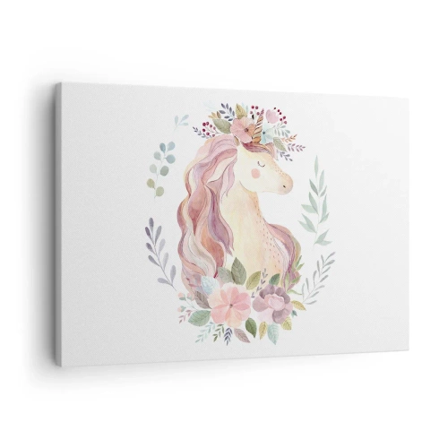 Canvastavla - Bild på duk - En enhörning i pastellfärger omgiven av blommor - 70x50cm - En inbjudan till sagornas värld - Modern väggdekoration för vardagsrum och sovrum ARTTOR