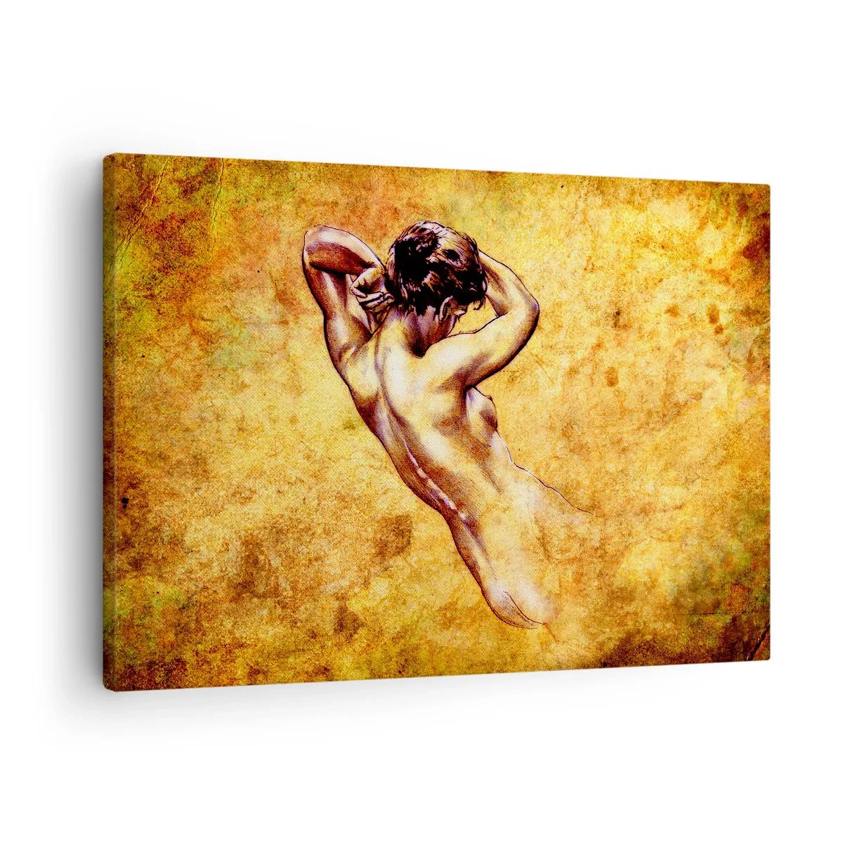 Canvastavla - Bild på duk - Konstnärlig kvinnlig nakenbild på en gyllene bakgrund i klassisk stil - 70x50cm - Upptäckt men fortfarande en hemlighet - Modern väggdekoration för vardagsrum och sovrum ARTTOR