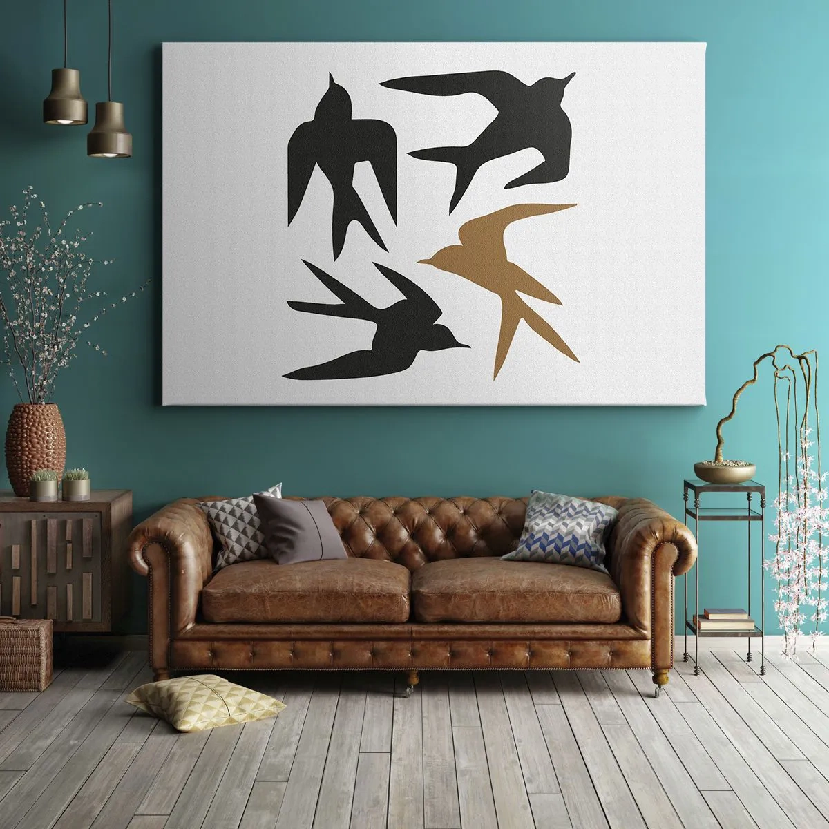 Canvastavla - Bild på duk - Silhuetter av svalor i svart och guld - 70x50cm - Svalornas lek - Modern väggdekoration för vardagsrum och sovrum ARTTOR