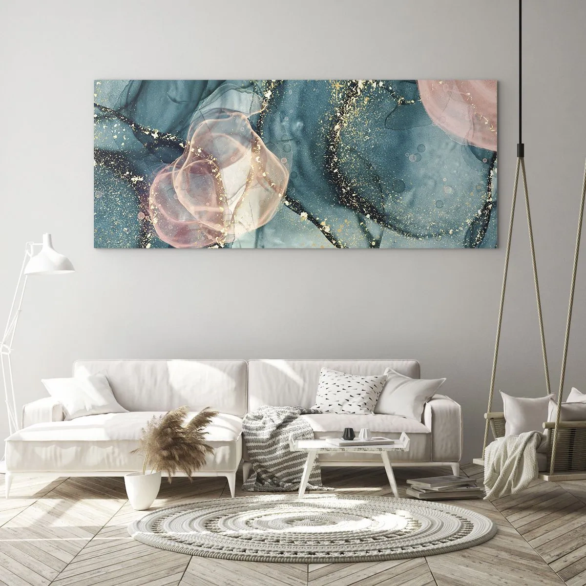 Glastavla - Bild på glas - Sidenblå, tyllrosa - 120x50 cm