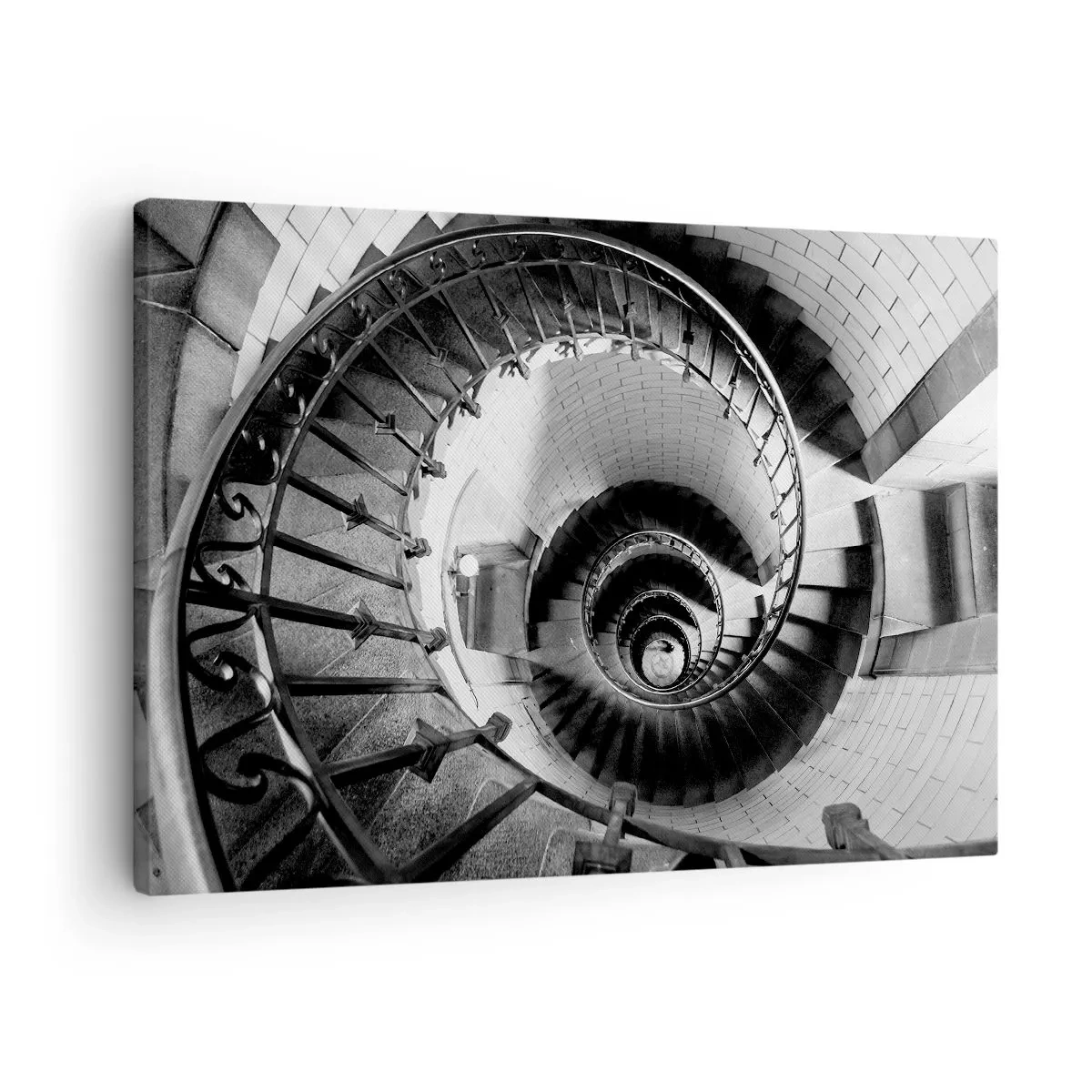 Canvastavla - Bild på duk - Svartvitt fotografi av en spiraltrappa med ett toppperspektiv - 70x50cm - Högre och högre - Modern väggdekoration för vardagsrum och sovrum ARTTOR