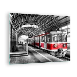 Glastavla - Bild på glas - Rött tåg på stationen under tak - 70x50cm - Det är kanske livets resa? - Modern väggdekoration för vardagsrum och sovrum ARTTOR