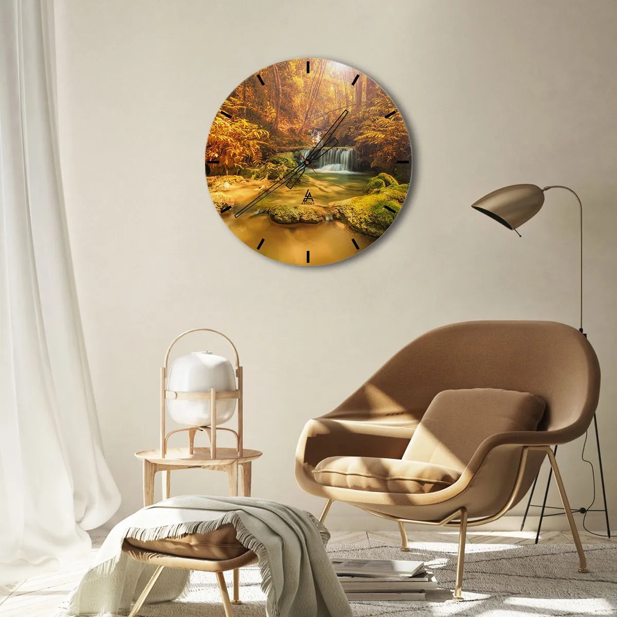 Väggklocka - Klocka på glas - Skogkaskad i gult - 40x40 cm