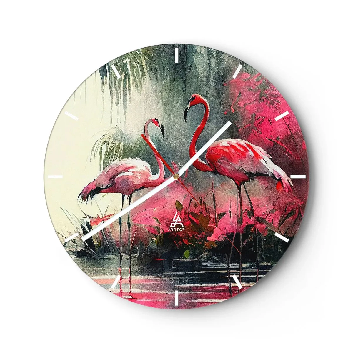 Väggklocka - Klocka på glas - Två flamingos i en exotisk, rosa miljö - 30x30cm - En lektion i naturlig charm - Modern väggdekoration för vardagsrum, kök och sovrum ARTTOR