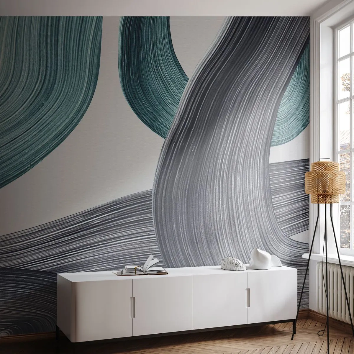 Fototapet Premium Canvas - Smaragd och svarta spår - Måla, Borsta, Minimalism - 500x350 cm