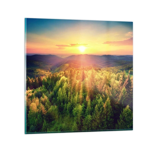 Glastavla - Bild på glas - Trädtoppar och bergstoppar - 40x40 cm