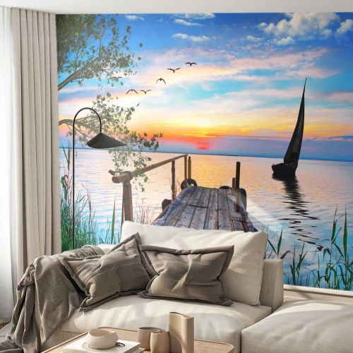Självhäftande Fototapet Deluxe Sticker - God kväll - Landskap, Sjö, Träbro - 350x256 cm