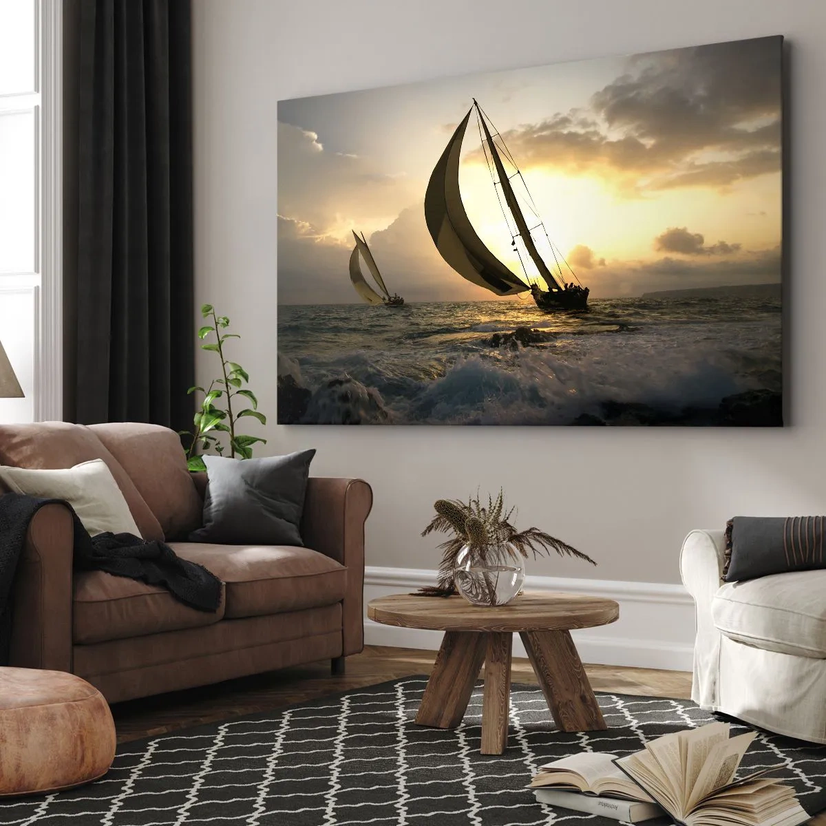 Canvastavla - Bild på duk - Segelbåtar till sjöss under solnedgången - 70x50cm - Med och mot vinden - Modern väggdekoration för vardagsrum och sovrum ARTTOR