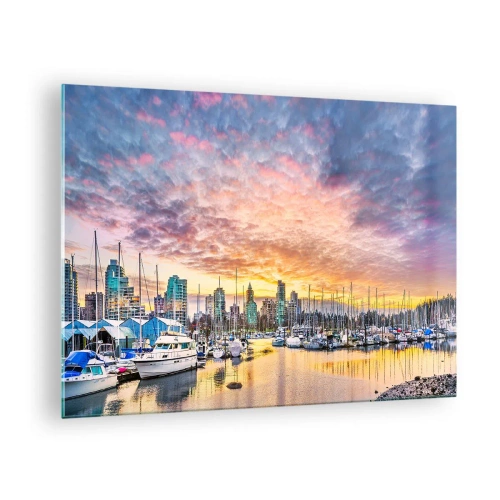 Glastavla - Bild på glas - Solnedgång över marinan med båtar och skyskrapor - 70x50cm - Tusen seglares stad - Modern väggdekoration för vardagsrum och sovrum ARTTOR