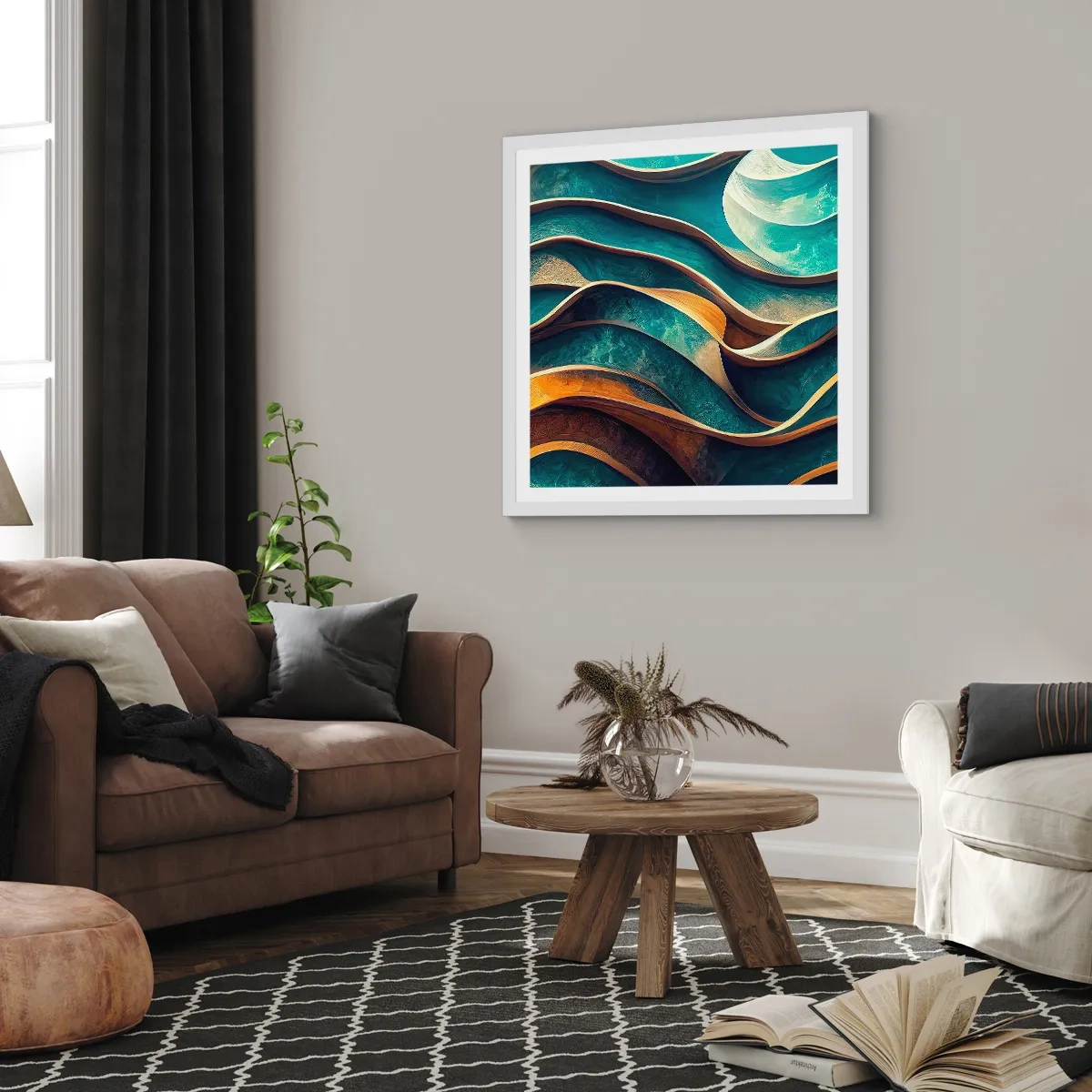 Affisch i vit ram - Meandrar av blått - 50x50 cm