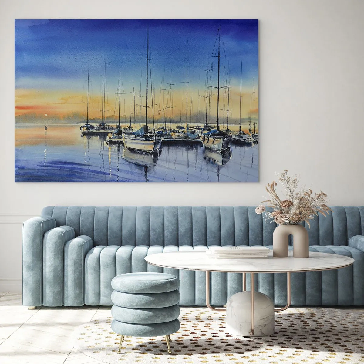 Glastavla - Bild på glas - Segelbåtar i hamnen vid solnedgången - 70x50cm - Slutet på en bra dag - Modern väggdekoration för vardagsrum och sovrum ARTTOR
