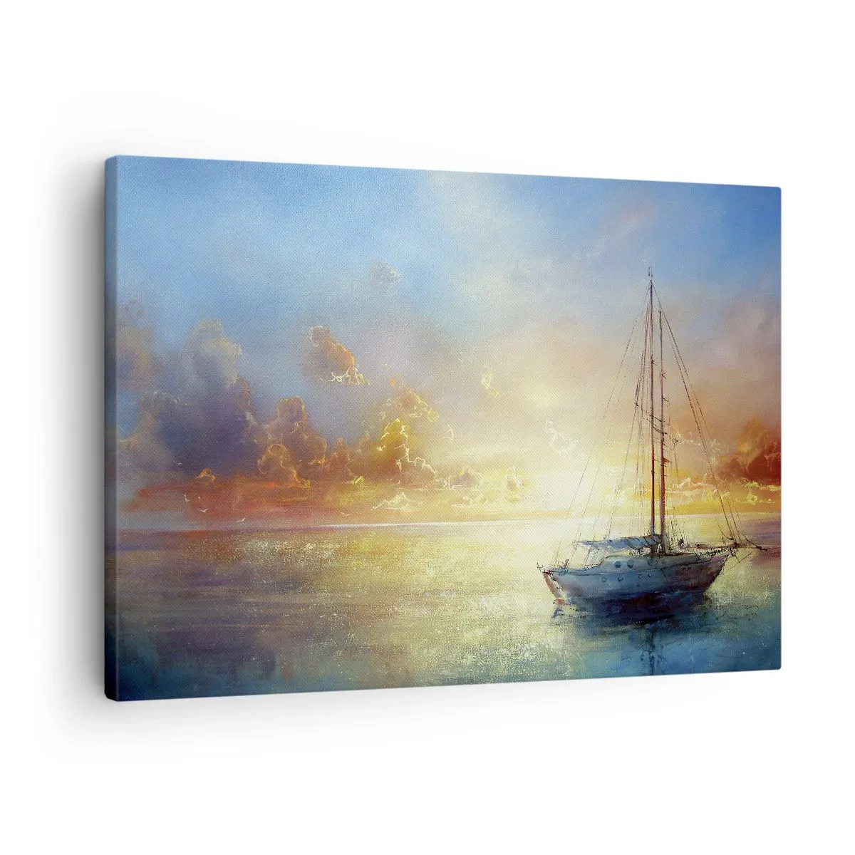 Canvastavla - Bild på duk - En yacht på ett lugnt hav vid solnedgången - 70x50cm - I guldviken - Modern väggdekoration för vardagsrum och sovrum ARTTOR