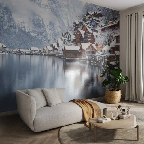 Fototapet Premium Sand - I vinterns dräkt - Landskap, Bergsbosättning, Vinter - 150x105 cm