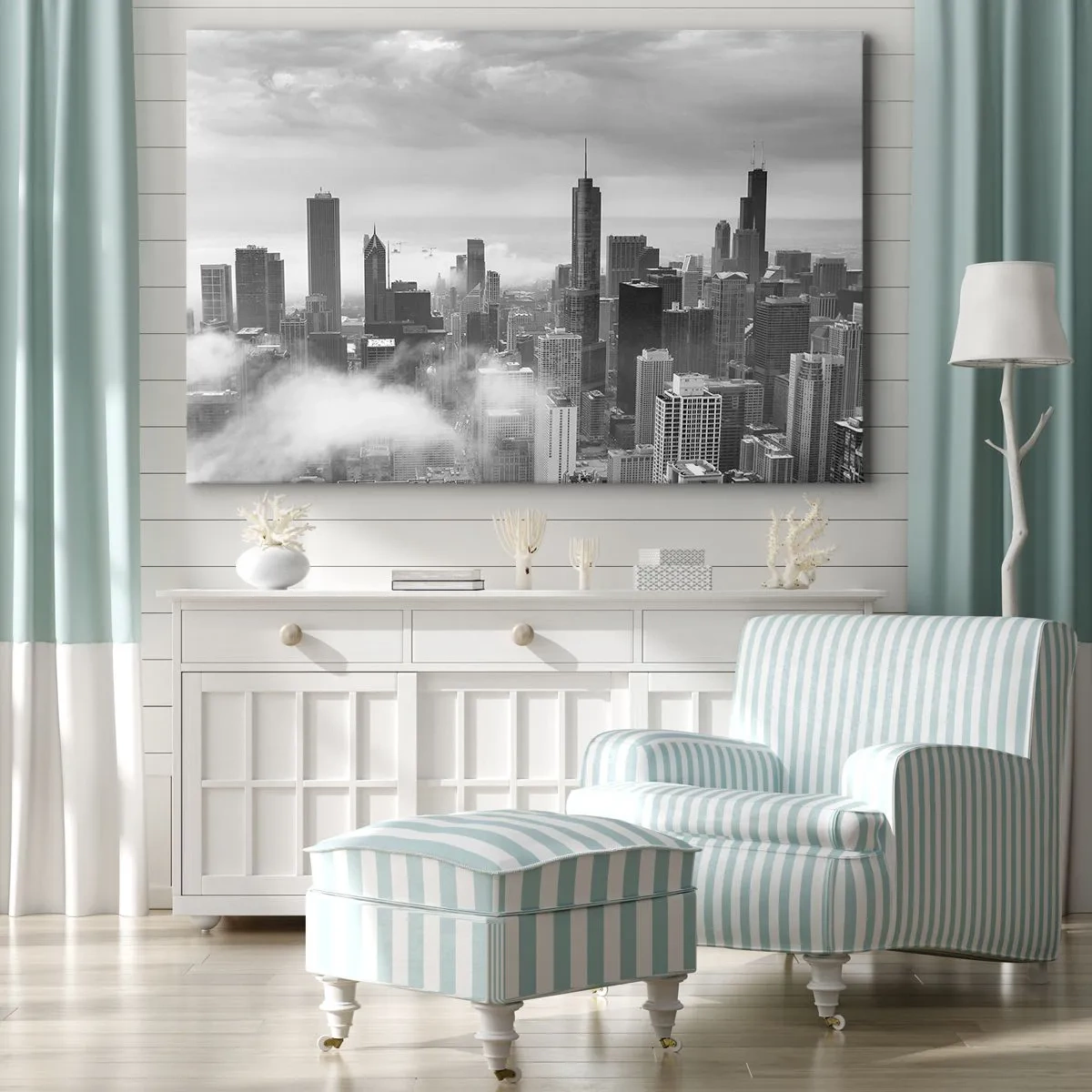 Canvastavla - Bild på duk - Stadspanorama med skyskrapor i molnen i svartvitt - 70x50cm - Amerikanskt landskap - Modern väggdekoration för vardagsrum och sovrum ARTTOR