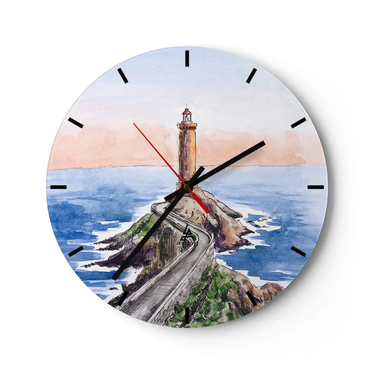 Väggklocka - Klocka på glas - En fyr på en udde i akvarellstil - 30x30cm - Vänd mot havet - Modern väggdekoration för vardagsrum, kök och sovrum ARTTOR