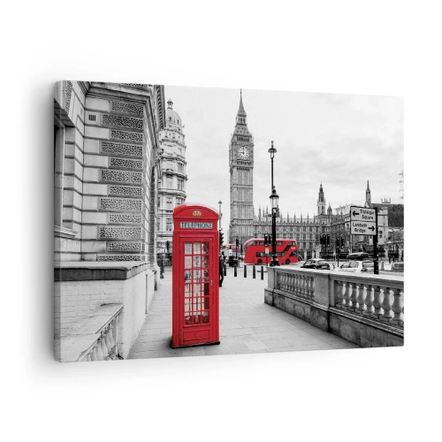 Canvastavla - Bild på duk - En röd telefonkiosk med Big Ben i bakgrunden i London - 70x50cm - London utan tvekan - Modern väggdekoration för vardagsrum och sovrum ARTTOR