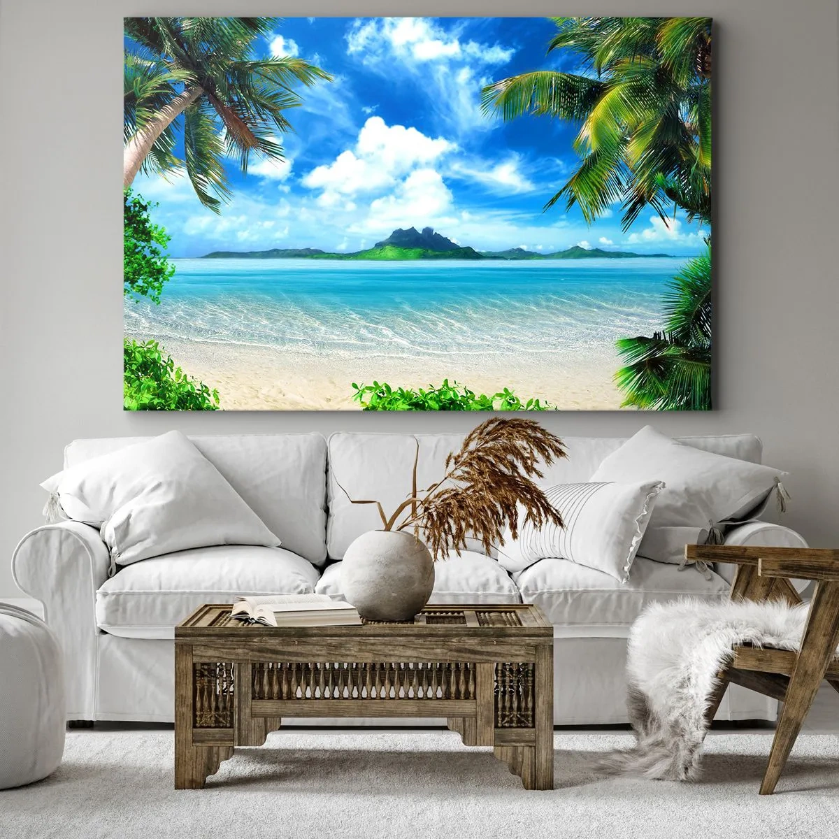 Canvastavla - Bild på duk - Tropisk strand med palmer och utsikt över ön - 70x50cm - Tropikens azur - Modern väggdekoration för vardagsrum och sovrum ARTTOR