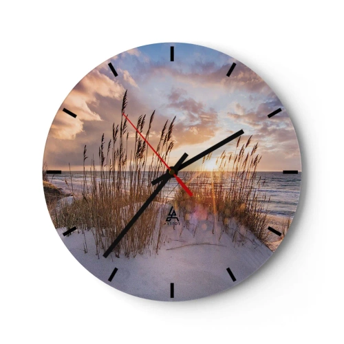 Väggklocka - Klocka på glas - Solnedgång över havet med sand och gräs på sanddynerna - 30x30cm - Farväl till solen och vinden - Modern väggdekoration för vardagsrum, kök och sovrum ARTTOR