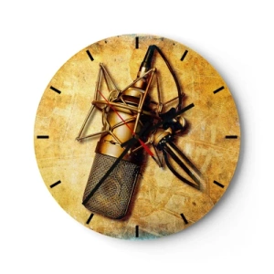Väggklocka - Klocka på glas - Ett studiomikrofonmotiv på en guldfärgad bakgrund - 30x30cm - Radions gyllene tider - Modern väggdekoration för vardagsrum, kök och sovrum ARTTOR