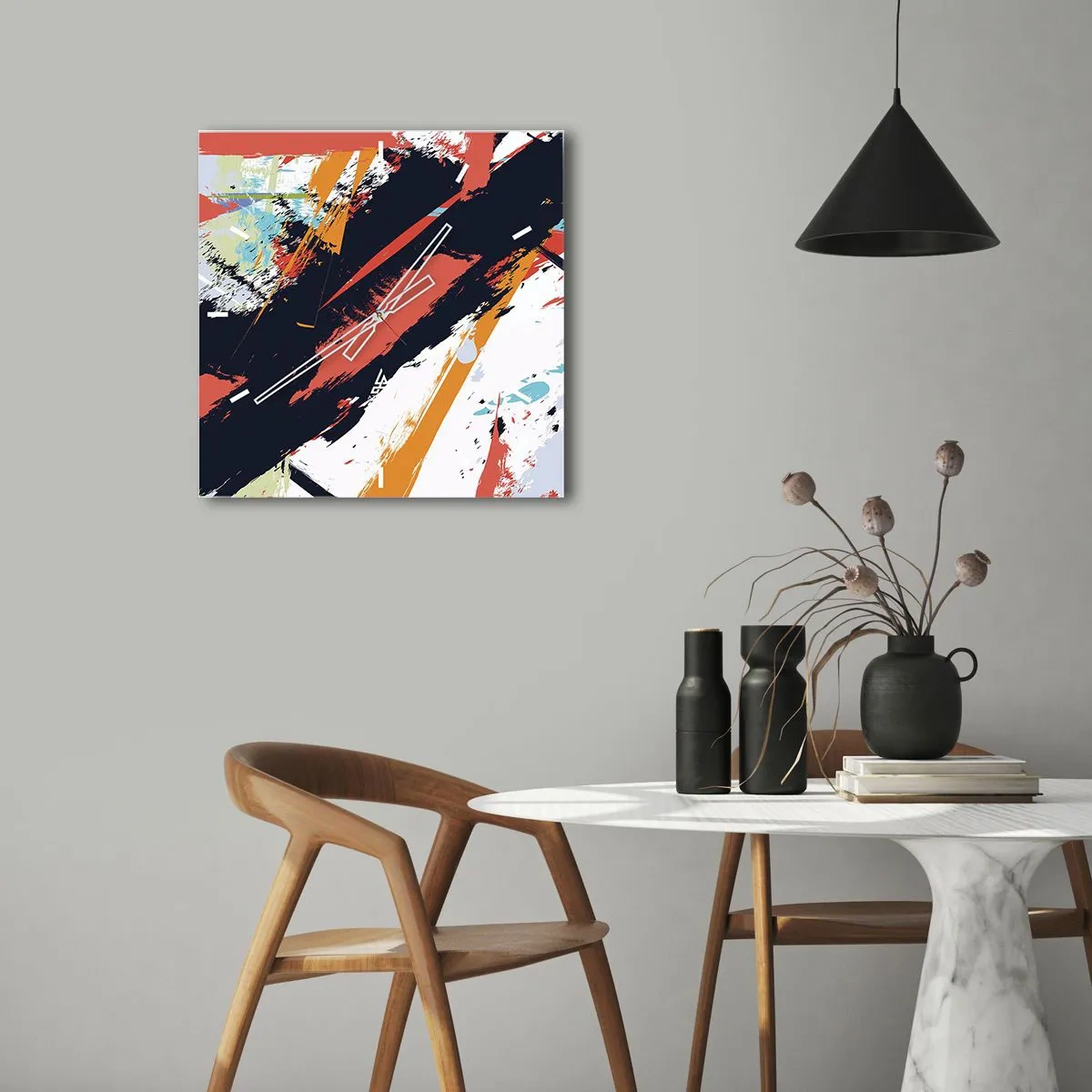 Väggklocka - Klocka på glas - Dynamisk komposition - 30x30 cm