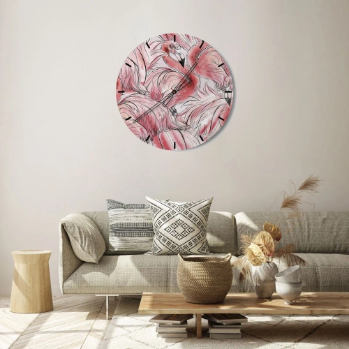 Väggklocka - Klocka på glas - Rosa flamingos i en dynamisk, konstnärlig komposition - 30x30cm - Fåglarnas corps de ballet - Modern väggdekoration för vardagsrum, kök och sovrum ARTTOR